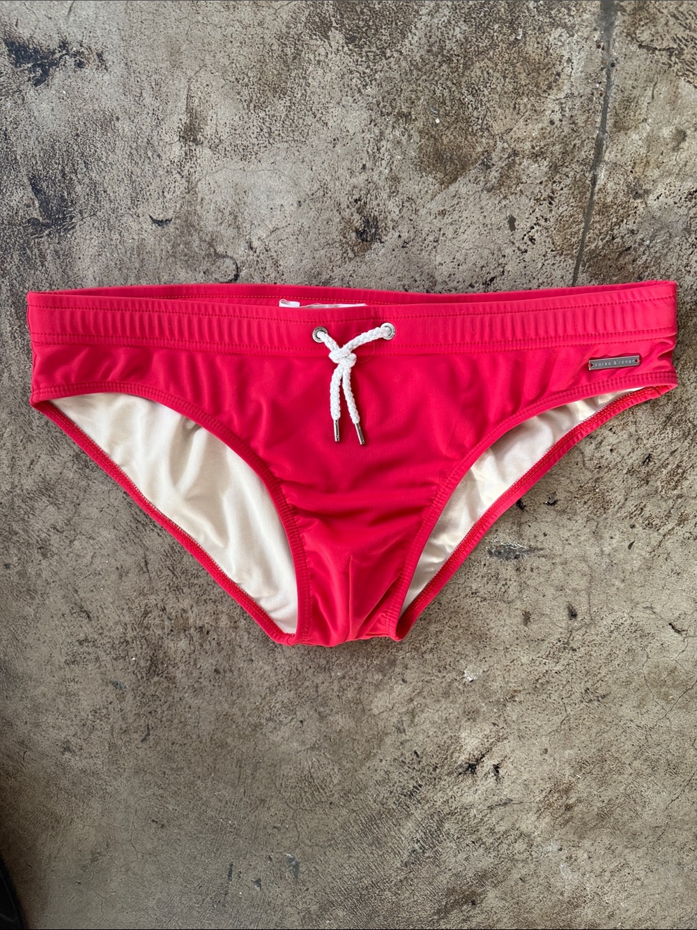 Parke & Ronen Men's Red Lifeguard Swim Brief (L) with White Drawstring